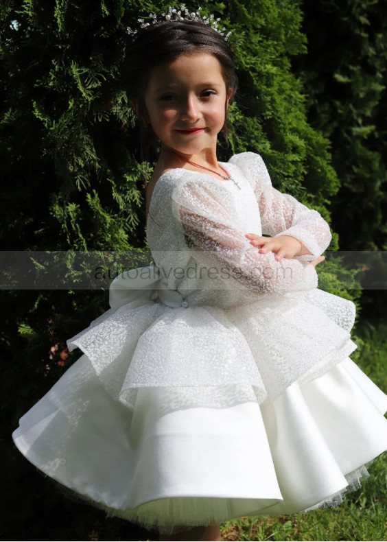 Ivory Glitter Lace Satin V Back Dream Flower Girl Dress Ivory Glitter Lace Satin V Back Dream Flower Girl Dress